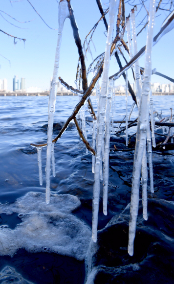 서울이 최저기온 영하 14도를 보인 9일 여의도 한강시민공원에 고드름이 얼어 있다. 2018.12.9 박지환 기자 popocar@seoul.co.kr