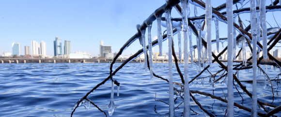 서울이 최저기온 영하 14도를 보인 9일 여의도 한강시민공원에 고드름이 얼어 있다. 2018.12.9 박지환 기자 popocar@seoul.co.kr