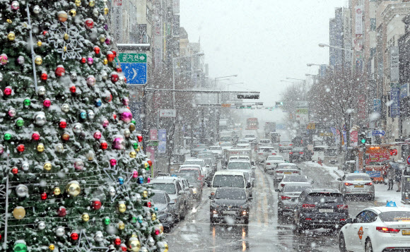 성탄트리에 함박눈