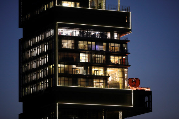Antilia, the house of the Chairman of Reliance Industries Mukesh Ambani, is decorated during his daughter Isha Ambani‘s wedding, in Mumbai