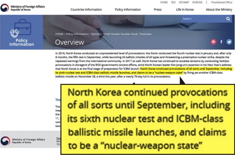 ‘북한 핵 문제’에 대해 공식 입장을 기술한 외교부 영문사이트. 지난해 북한의 핵실험 및 대륙간탄도미사일(ICBM) 발사, ‘핵무장 완성’ 주장에 대한 한국의 진정성 있는 노력을 외면한 무모한 도발로 규정하고 대북 제재 이행을 강조했지만 올해 펼쳐진 평화 국면과 정부의 노력에 대해서는 아예 기술하지 않았다.  외교부 영문 홈페이지 캡처