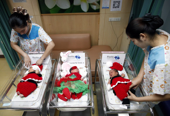 신생아들이 21일(현지시간) 태국 방콕의 Paolo Memorial Hospital Chokchai 4에서 크리스마스 시즌을 맞아 산타클로스 의상을 입고 있다. 병원에서는 크리스마스 시즌을 축하하는 배달 패키지의 일환으로 산타클로스 복장을 신생아에게 제공하고 있다. EPA 연합뉴스