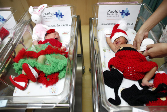 신생아들이 21일(현지시간) 태국 방콕의 Paolo Memorial Hospital Chokchai 4에서 크리스마스 시즌을 맞아 산타클로스 의상을 입고 있다. 병원에서는 크리스마스 시즌을 축하하는 배달 패키지의 일환으로 산타클로스 복장을 신생아에게 제공하고 있다. EPA 연합뉴스