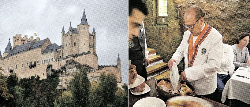 코치니요를 썰고 있는 호세 마리아(오른쪽). 세고비아뿐 아니라 스페인을 대표하는 요리인 코치니요는 칼이 아닌 접시로 썰어내는 것으로 유명하다. 접시로 잘라도 부드럽게 잘린다는 걸 강조하기 위해서라고. 왼쪽 사진은 디즈니 영화 백설공주의 모티프가 된 세고비아성이다.
