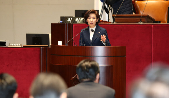 자유한국당 나경원 원내대표가 27일 오후 국회에서 열린 의원총회에서 ‘김용균법 처리·운영위 31일 소집’  등 원내대표 회동 합의사항을 보고하고 있다. 2018.12.27  연합뉴스