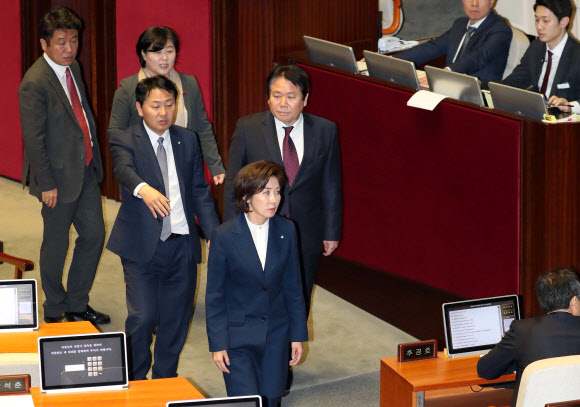 자유한국당 나경원 원내대표(연단아래 앞쪽)가 27일 오후 국회에서 열린 본회의에서 본회의 진행과 관련해 문희상 국회의장에게 강하게 항의 후 회의장을 나가고 있다. 2018.12.27  연합뉴스