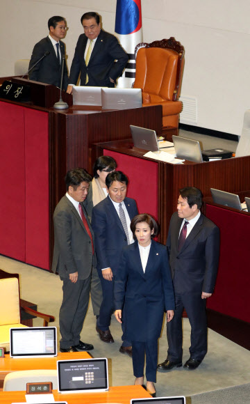 자유한국당 나경원 원내대표(연단아래 앞쪽)가 27일 오후 국회에서 열린 본회의에서 본회의 진행과 관련해 문희상 국회의장에게 강하게 항의 후 회의장을 나가고 있다. 2018.12.27  연합뉴스