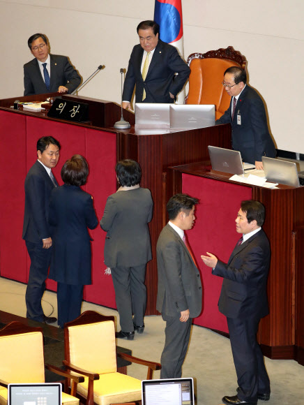 자유한국당 나경원 원내대표(연단아래 왼쪽에서 두번째)가 27일 오후 국회에서 열린 본회의에서 본회의 진행과 관련해 문희상 국회의장에게 강하게 항의하고 있다. 2018.12.27  연합뉴스