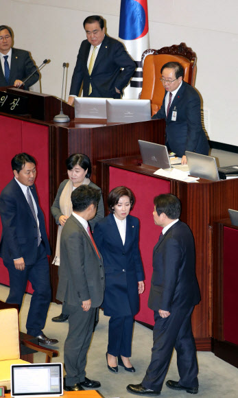 자유한국당 나경원 원내대표(연단아래 오른쪽에서 두번째)가 27일 오후 국회에서 열린 본회의에서 본회의 진행과 관련해 문희상 국회의장에게 강하게 항의 후 회의장을 나가고 있다. 2018.12.27  연합뉴스