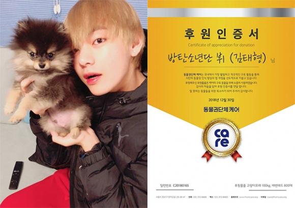 지난 30일 그룹 방탄소년단 멤버 뷔(김태형)의 생일을 맞아 그의 팬들이 유기 동물을 위해 써달라며 고양이 모래 100kg과 배변패드 800매를 동물권단체에 후원한 사실이 알려졌다. [사진=케어 페이스북 캡처]