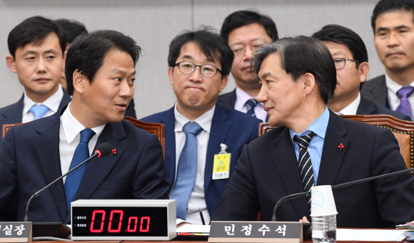 임종석 대통령 비서실장과 조국 민정수석이 31일 오전  국회에서 열린 국회 운영위원회에 참석하여 김태우사건관련 의원들의 질의에 답하고 있다.2018.12.31 김명국 선임기자 daunso@seoul.co.kr