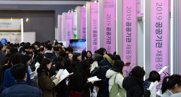 9일 서울 서초구 양재동 aT센터에서 열린 2019년 공공기관 채용정보 박람회에서 구직자들이 채용기관의 면접을 기다리고 있다.   2019. 1. 9 정연호 기자 tpgod@seoul.co.kr
