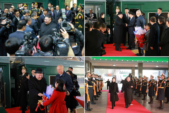 북한 노동당 기관지 노동신문이 김정은 국무위원장의 방중 소식을 10일자 지면에 사진과 함께 보도했다. 사진은 김 위원장이 베이징(北京)에 도착해 중국 측의 환영을 받는 모습. 2019.1.10  연합뉴스