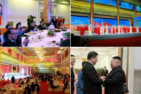 북한 노동당 기관지 노동신문은 10일 김정은 국무위원장의 4차 방중 소식을 사진과 함께 보도했다. 사진은 김 위원장과 시진핑(習近平) 중국 국가주석이 8일 오후 중국 베이징(北京) 인민대회당에서 부부동반 만찬 후 예술공연을 관람하는 모습. 2019.1.10  연합뉴스