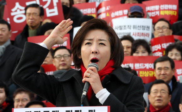 자유한국당 나경원 원내대표가 27일 오후 국회 본관 앞 계단에서 열린 ‘좌파독재 저지 및 초권력형비리 규탄대회’에서 규탄사를 하고 있다. 2019.1.27  연합뉴스