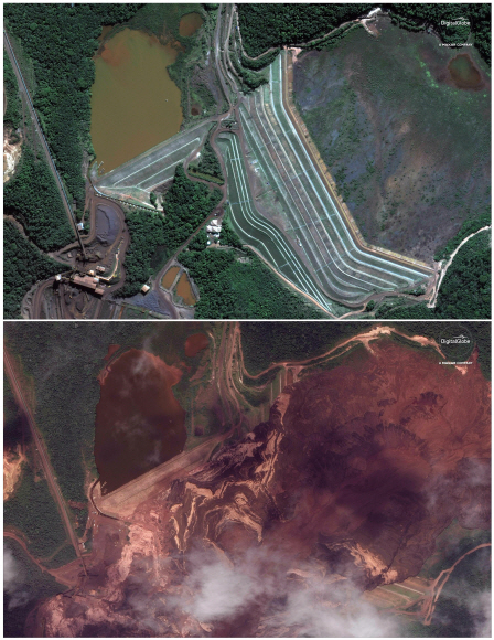 This combo of satellite images provided by DigitalGlobe?shows an area northeast of Brumadinho, Brazil on June 2, 2018, top, months before a dam collapsed and covered the area, below, seen on Saturday, Jan. 26, 2019. Brazilian officials suspended the search on Sunday, Jan. 27, for potential survivors of the Jan. 25 dam collapse that has killed at least 40 people amid fears that another nearby dam owned by the same company, Vale, was also at risk of breaching. (DigitalGlobe, a Maxar company via AP)/2019-01-28 AP 연합뉴스