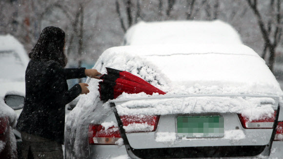 퇴근길 폭설…우산으로 눈 치우는 시민