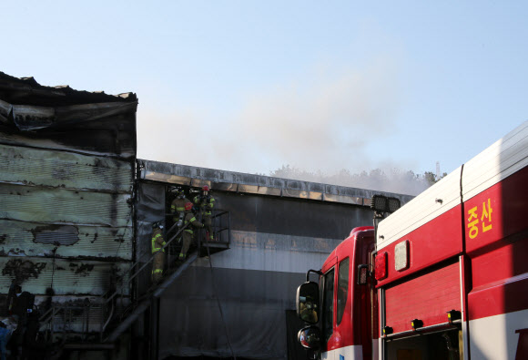 11일 오전 경기도 고양시 일산동구 성석동의 한 폐기물 재활용시설에서 불이 나 소방관들이 화재 진압을 하고 있다. 2019.2.11  연합뉴스