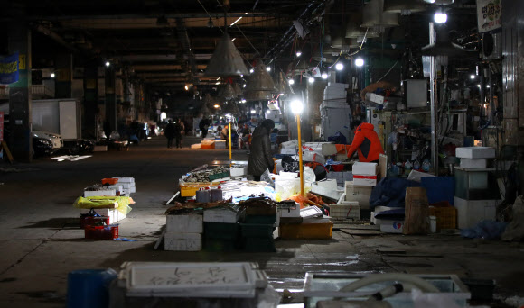 11일 서울 동작구 노량진 수산시장 구시장에서 일부 상인들이 영업을 이어나가고 있다. 8일 폐쇄됐던 구시장 차량 출입구 4곳 중 3곳은 통행이 일시 재개된 상태이며, 일부 상인들은 영업을 계속하고 있다. 2019.2.11  연합뉴스