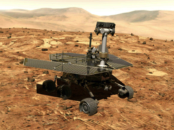 미국 항공우주국(NASA)의 화상탐사선 ‘오퍼튜니티’의 화성에서의 모습.  NASA 제공 AP통신  