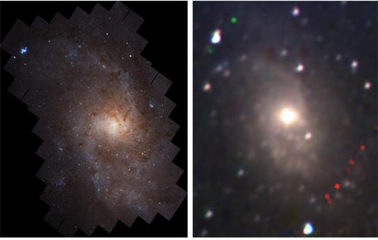 삼각형 은하에 대해 우주망원경 허블로 촬영한 영상(왼쪽)과 NISS(오른쪽)로 얻은 영상 비교. NISS 영상의 경우, 1.0, 1.35, 1.7μm(마이크로미터) 영역 밴드에서 합성한 RGB 영상이다. 단파장 1.0μm 영역(푸른색)에서 더 젊은 별들이 탄생해 중앙 지역이 더 밝게 보이고, 장파장 영역(붉은색)에서는 별 탄생이 일어나는 나선 구조를 명확히 보여주고 있다. NASA/한국천문연구원 제공