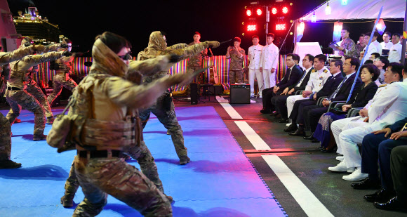 정경두 국방부 장관이 15일 아랍에미리트(UAE) 아부다비 자이드항에 입항한 청해부대(최영함)를 방문해 장병들을 격려한 뒤 파병 10주년을 축하하는 행사에서 마티르 살렘 알리 알 다헤리 UAE 국방차관과 함께 UDT대원들의 시범을 관람하고 있다.  2019.2.16  국방부 제공