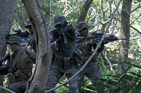 다국적 코브라골드훈련에 참가 중인 한국 해병대 수색대 장병들이 16일 태국 로타윈 정글에서 수색정찰훈련을 실시하고 있다.   2019.2.16  해병대사령부 제공