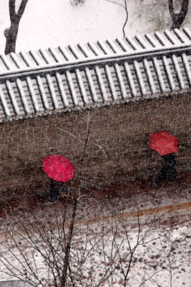 절기상 우수(雨水)인 19일 오전 우산을 쓴 시민이 눈을 맞으며 덕수궁 돌담길을 걷고 있다. 2019.2.19  연합뉴스