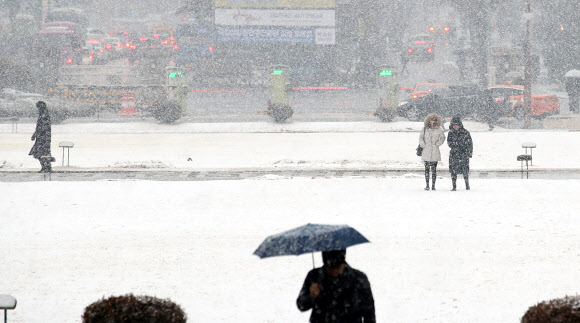 절기상 우수인 19일 오전 서울 여의도 국회 앞에서 시민들이 눈을 맞으며 출근하고 있다. 이날 서울 등 중부지방에는 대설주의보가 내려져 낮까지 많은 곳은 최대 10cm 이상 눈이 내릴 것으로 기상청은 예보했다. 2019.2.19  연합뉴스