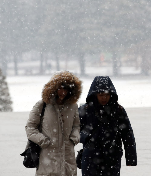 절기상 우수(雨水)이자 정월대보름인 19일 오전 서울 여의도 국회에서 직원이 눈이 맞으며 출근하고 있다. 2019.2.19  연합뉴스