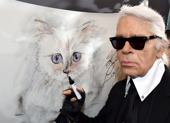 칼 라거펠트와 라거펠트가 직접 그린 고양이 ‘슈페트’. AFP 연합뉴스
