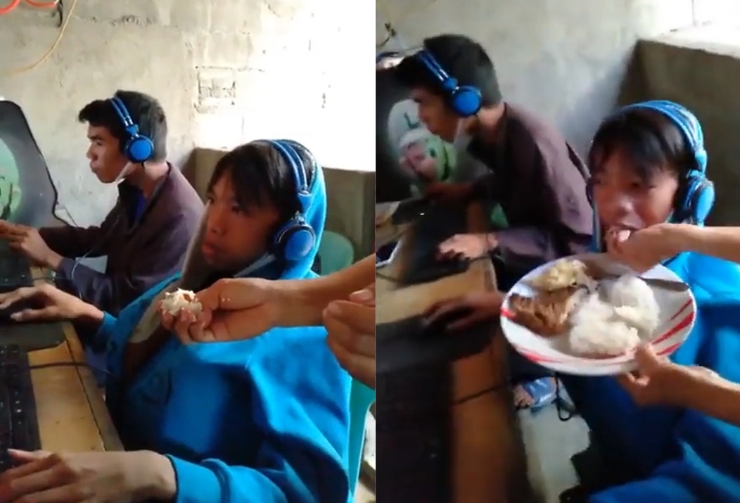 온라인 게임에 중독된 아들에게 아침 식사를 가져와 먹이는 엄마의 모습(유튜브 영상 캡처)