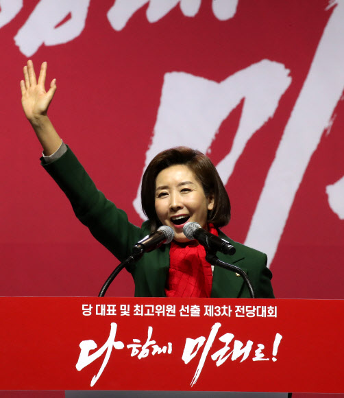 27일 오후 경기도 고양시 킨텍스에서 열린 자유한국당 전당대회에서 나경원 원내대표가 인사말을 하고 있다. 2019.2.27  연합뉴스