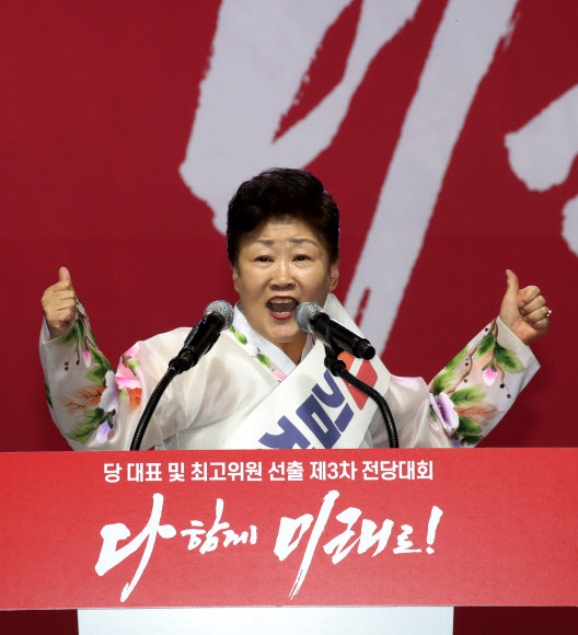 27일 오후 경기도 고양시 킨텍스에서 열린 자유한국당 전당대회에서 당 최고위원에 출마한 김정희 후보가 정견발표를 하고 있다. 2019.2.27  연합뉴스