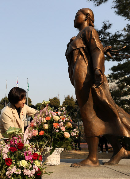 유관순 동상에 헌화하는 유은혜