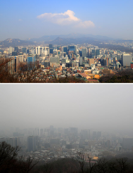 7일 오전 서울 중구 남산에서 바라본 서울 도심 일대 하늘이 미세먼지가 걷히며 푸른빛을 띄고 있다.(사진 위) 전날 오후 바라본 서울 도심의 잿빛 하늘(사진 아래)과 대조를 보이고 있다. 2019.3.7 연합뉴스