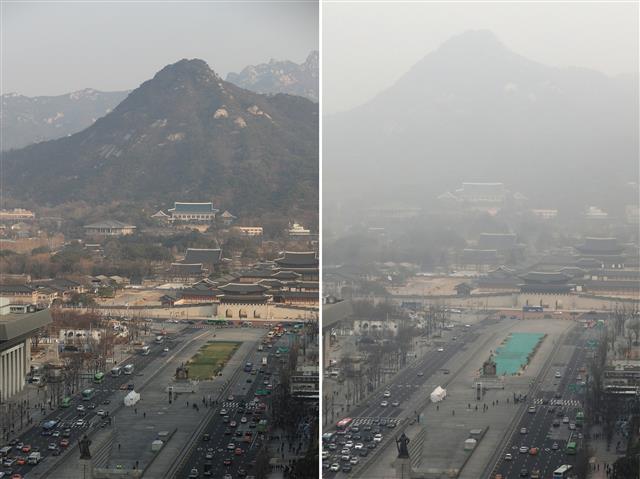 7일 오전 서울 광화문광장 일대가 맑게 보인다. 오른쪽은 지난 6일 미세먼지로 뒤덮인 광화문광장의 모습. 기상청은 이날 전국 대부분 지역 미세먼지 수치는 ‘나쁨’으로 시작하지만 오후부터 강한 북풍 영향으로 대기 확산이 원활해지면 서서히 미세먼지 농도가 떨어지기 시작해 ‘보통’ 수준을 회복할 것으로 내다봤다. 2019.3.7. 뉴스1