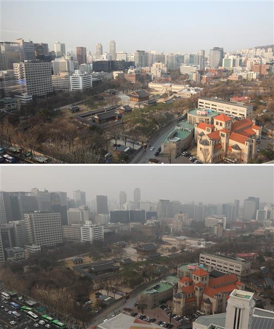 7일 오전 서울 도심이 맑게 보인다. 사진은 지난 6일 미세먼지 뒤덮인 도심의 모습. 기상청은 이날 전국 대부분 지역 미세먼지 수치는 ‘나쁨’으로 시작하지만 오후부터 강한 북풍 영향으로 대기 확산이 원활해지면 서서히 미세먼지 농도가 떨어지기 시작해 ‘보통’ 수준을 회복할 것으로 내다봤다. 2019.3.7 뉴스1