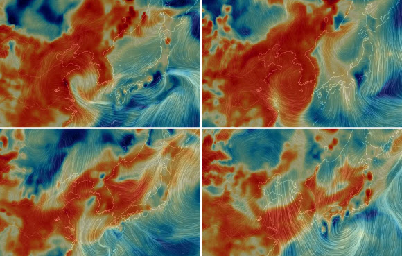 세계 기상 정보를 시각화해 나타내는 비주얼 맵인 어스널스쿨로 확인한 지난 4일부터 7일까지 한반도의 초미세먼지 대기 상황. 윗줄 왼쪽부터 4~5일, 아랫줄 왼쪽부터 6~7일. 2019.3.7  어스널스쿨 홈페이지 캡처