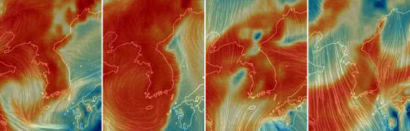 세계 기상 정보를 시각화해 나타내는 비주얼 맵인 어스널스쿨로 확인한 지난 4(왼쪽부터)~7일까지 한반도의 초미세먼지 대기 상황. 2019.3.7  어스널스쿨 홈페이지 캡처