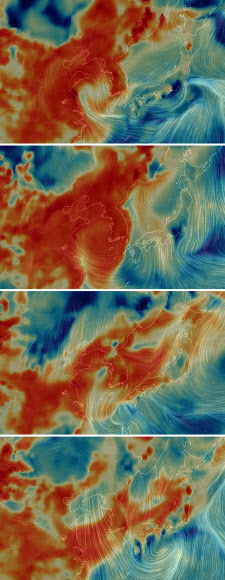 세계 기상 정보를 시각화해 나타내는 비주얼 맵인 어스널스쿨로 확인한 지난 4(윗줄부터)~7일까지 한반도의 초미세먼지 대기 상황. 2019.3.7  어스널스쿨 홈페이지 캡처