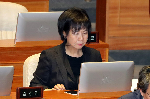 무소속 손혜원 의원이 7일 오후 국회 본회의장에서 열린 제367회 임시회 개회식에 참석해 모니터를 보고 있다. 2019.3.7  연합뉴스