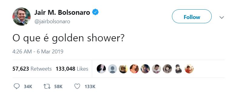 황금 샤워는 무엇인가라는 질문을 던진 브라질 대통령 트위터