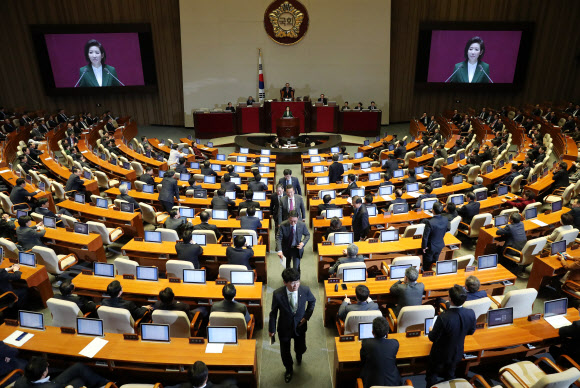 나경원 원내대표 발언에 항의해 본회의장 떠나는 여당 의원들