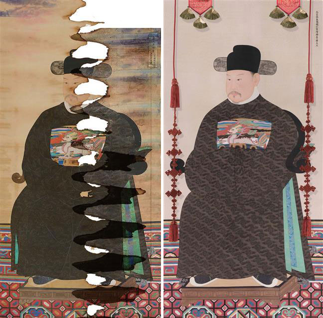 1872년 ‘원종어진’과 1935년 ‘원종어진’을 디지털 합성한 형상(왼쪽).디지털 합성으로 완성한 ‘원종어진’ 모사도(오른쪽). 국립고궁박물관 소장