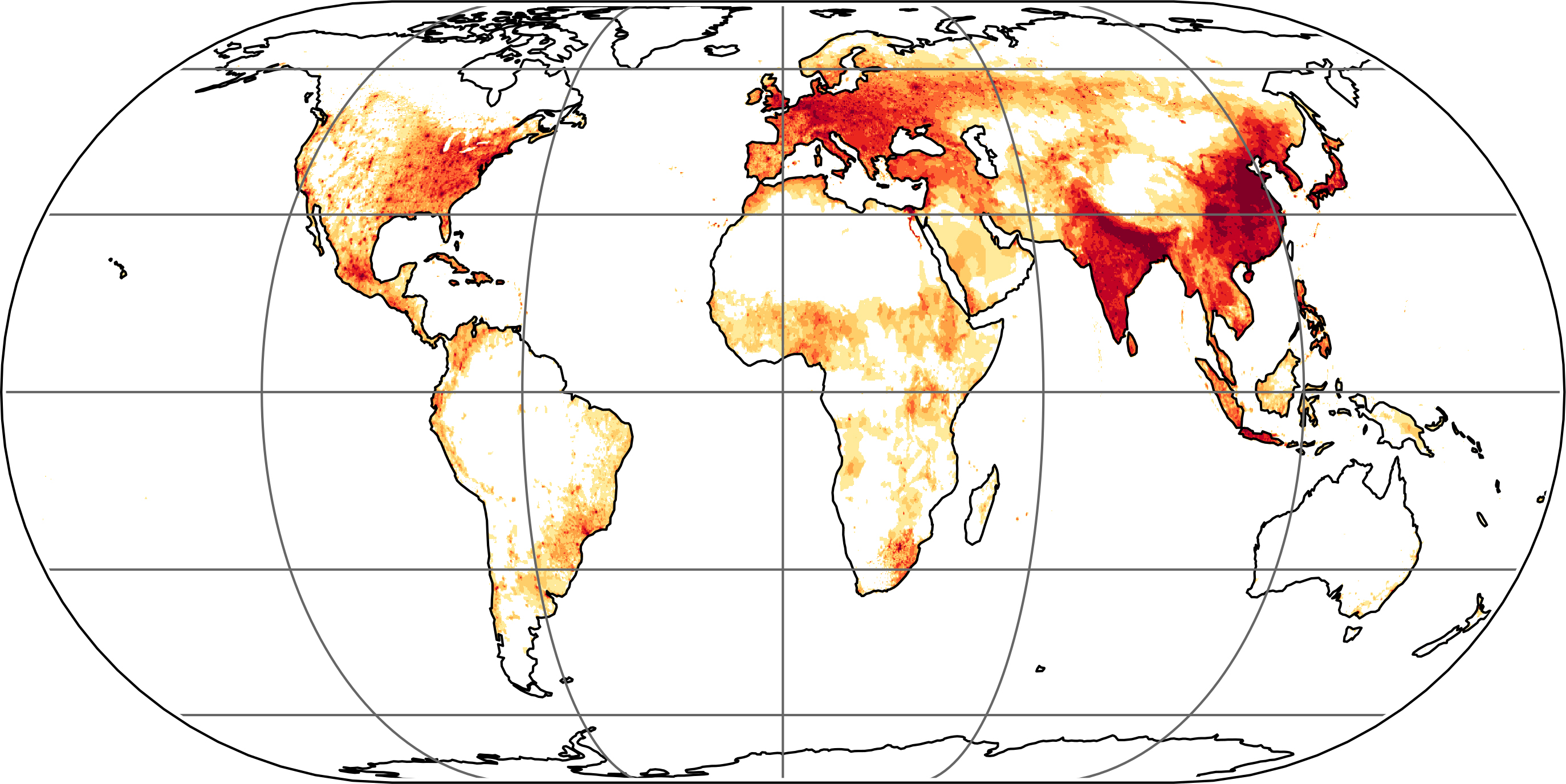 붉은색이 짙을수록 화석연료 사용으로 발생하는 초미세먼지 같은 오염물질로 사망하는 사람이 많아진다는 의미이다.<br>독일 막스플랑크 화학연구소 제공