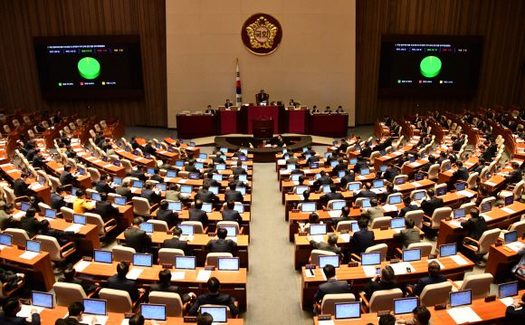 28일 서울 여의도 국회에서 열린 본회의에서 특정 범죄자에 대한 보호관찰 및 전자장치 부착 등에 관한 법률 일부개정법률안이 통과되고 있다.  2019. 3. 28  정연호 기자 tpgod@seoul.co.kr