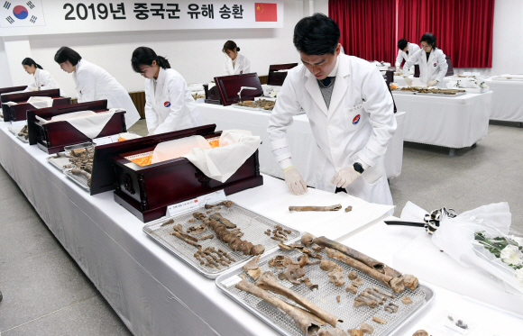 1일 오전 인천시 계양구 ‘중국군 유해 임시안치소’에서 열린 중국군 유해 10구에 대한 입관식에서 유해발굴감식단원이 입관절차를 진행하고 있다. 2014년 이후 여섯번째 송환하는 이번 중국군 유해는 지난해 3월부터 11월까지 DMZ내에서 발굴한 유해를 신원확인 과정을 거쳐 중국군으로 판정된 유해를 송환하는 것이다. 2019. 4. 1.  사진공동취재단