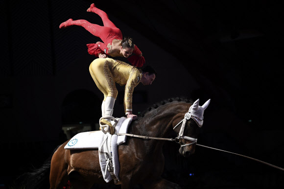 독일의 기수들이 18일(현지시간) 프랑스 동부의 소뮈르에 있는 프랑스 국립 승마 학교 Cadre Noir에서 열린 ‘the FEI Vaulting World Cup’ 결승전에서 멋진 연기를 펼치고 있다. AFP 연합뉴스