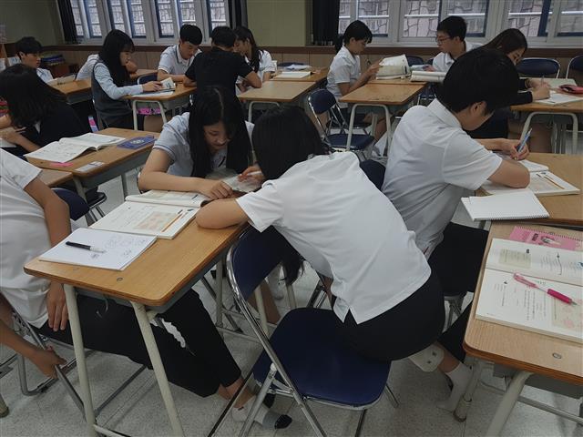 경기 의정부의 부용고 학생들이 최근 수학 수업 때 짝을 이뤄 서로 가르치며 배우는 방식으로 공부하고 있다.